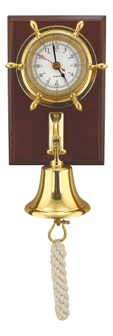 Uhr & Glocke auf Holzbrett